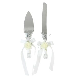 handmade white rose wedding cake knife shovel server 2 piece set of wedding site props