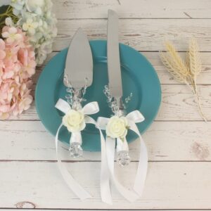 Handmade White Rose Wedding Cake Knife Shovel Server 2 Piece Set of Wedding Site Props