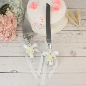 Handmade White Rose Wedding Cake Knife Shovel Server 2 Piece Set of Wedding Site Props