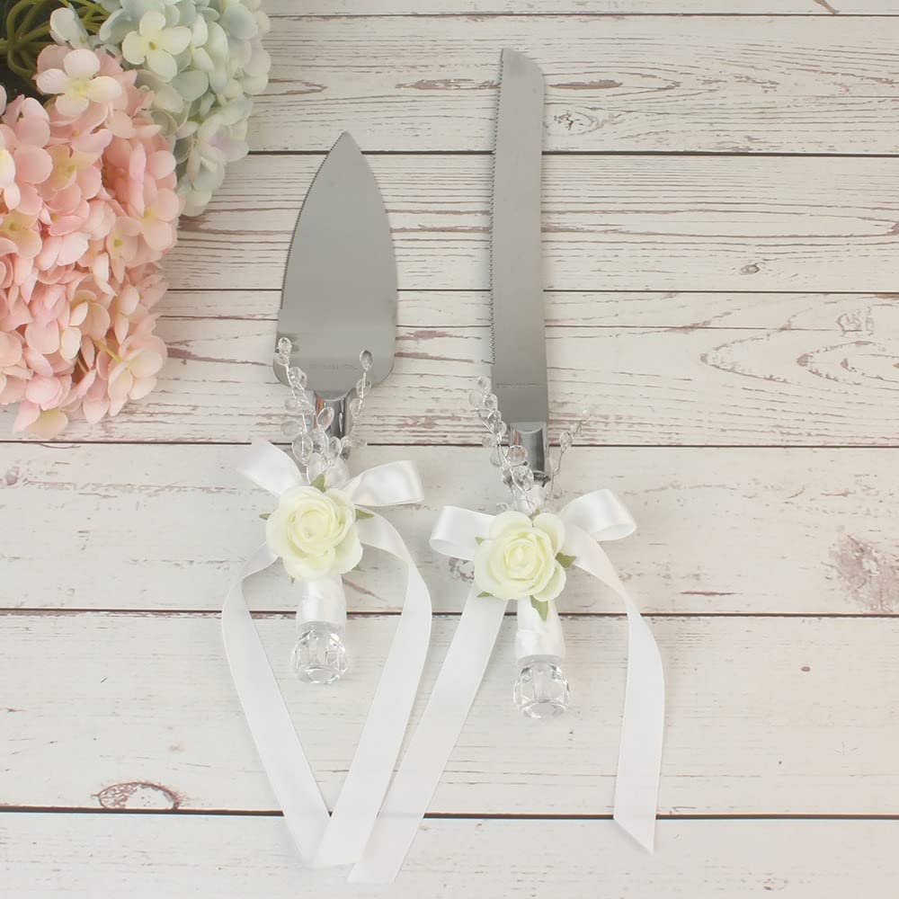 Handmade White Rose Wedding Cake Knife Shovel Server 2 Piece Set of Wedding Site Props