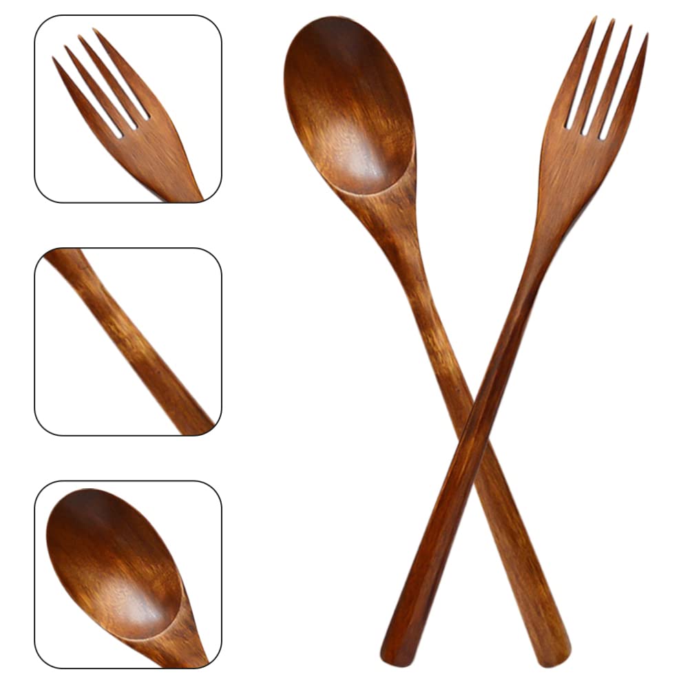 BESTonZON Wooden Forks 1 Set of Salad Spoon Wooden Serving Spoons Salad Servers Long Wood Serving Forks Cake Spoon Appetizer Fork Japanese Style Kitchen Utensil for Kitchen Restaurant