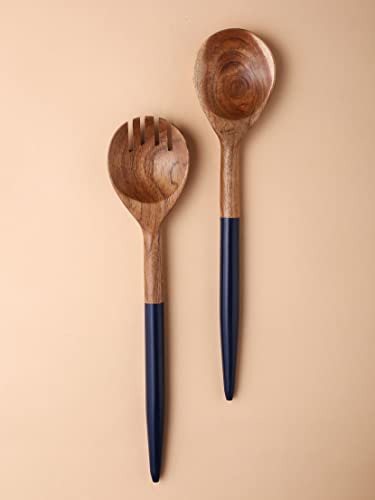 YoTreasure Tiramisu Resin & Wood Blue Salad Server Set Utensils for Modern Serving and Cooking