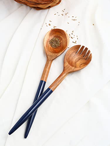 YoTreasure Tiramisu Resin & Wood Blue Salad Server Set Utensils for Modern Serving and Cooking