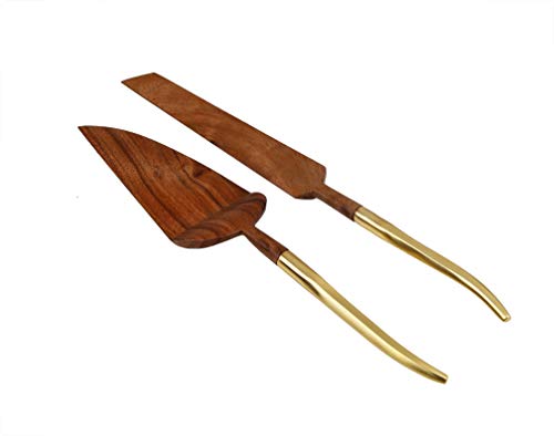 Wedding Cake Knife and Server Set, Wooden Cake Servers With Gold Handle, Ideal for Weddings, Party's, And Elegant events