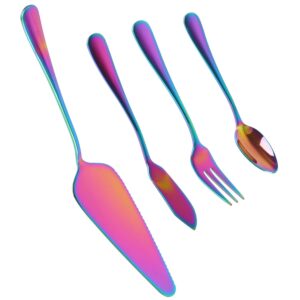 loopki stainless steel flatware serving set, rainbow silverware includes coffee spoon, cake fork, butter knife, cake server