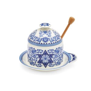 spode judaica honey pot with drizzler | 5.25 inch honey jar with lid and wooden dipper for rosh hashana table | made of fine porcelain | dishwasher safe