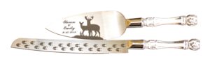 aaron's etching deer couple buck & doe engraved wedding cake knife/server set with names and date
