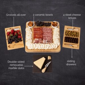 Emporio Logic Cheese Board Set with Ceramic Cups, Marble Slate & Cheese Knife Set – Large Cheese Plates & Platter - Wedding and Housewarming Gifts