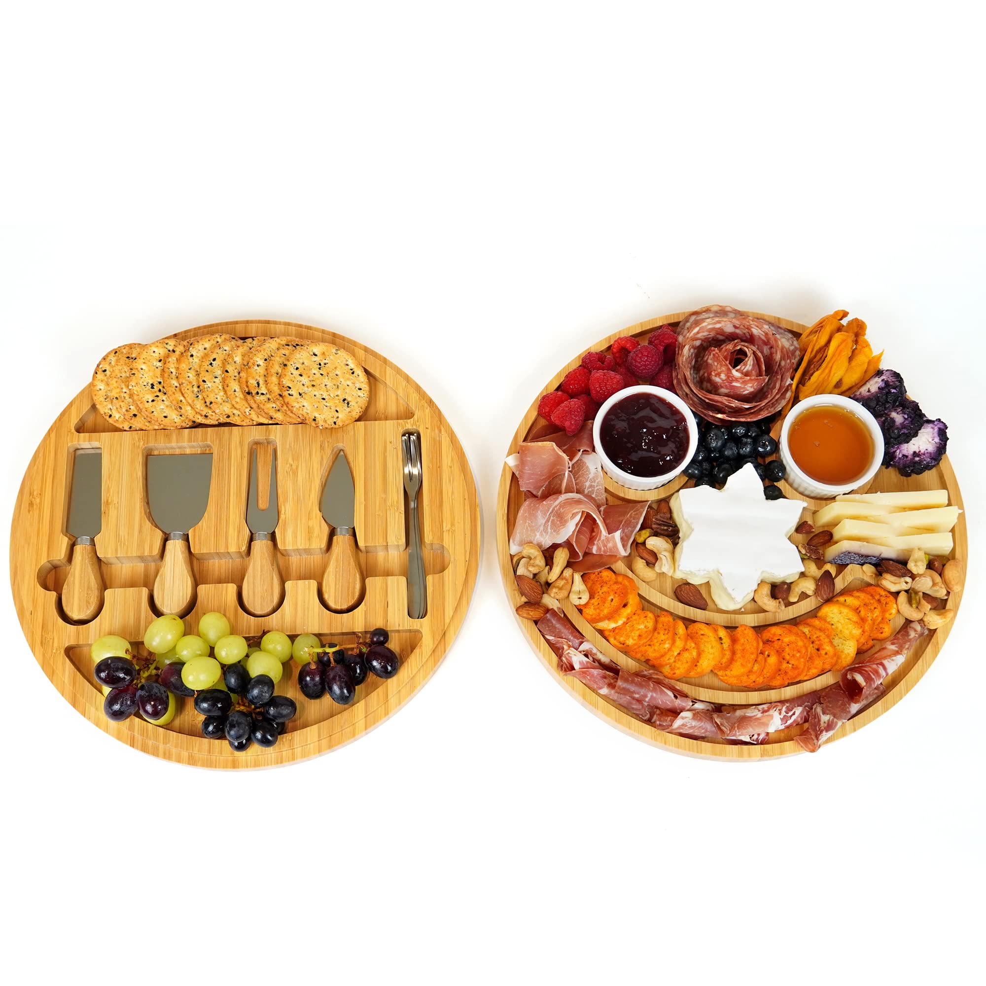 Areni Home Smiley Face Round Bamboo Charcuterie Board, 12-Inch, Includes Knife and Forks, Great for Parties