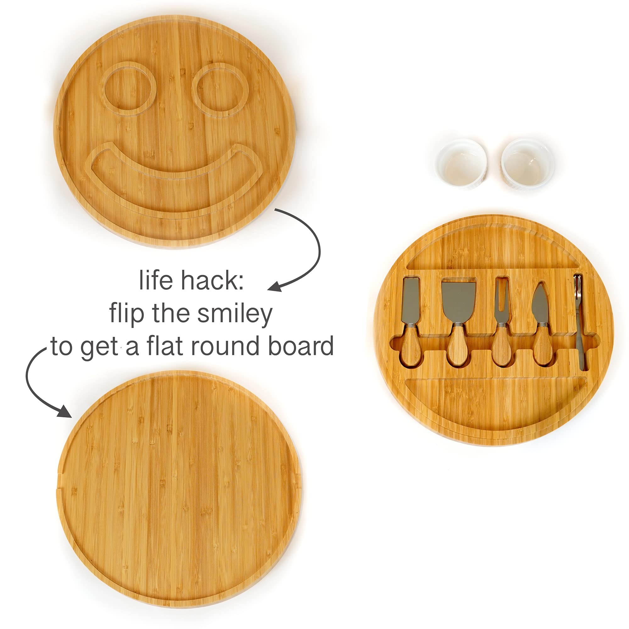 Areni Home Smiley Face Round Bamboo Charcuterie Board, 12-Inch, Includes Knife and Forks, Great for Parties