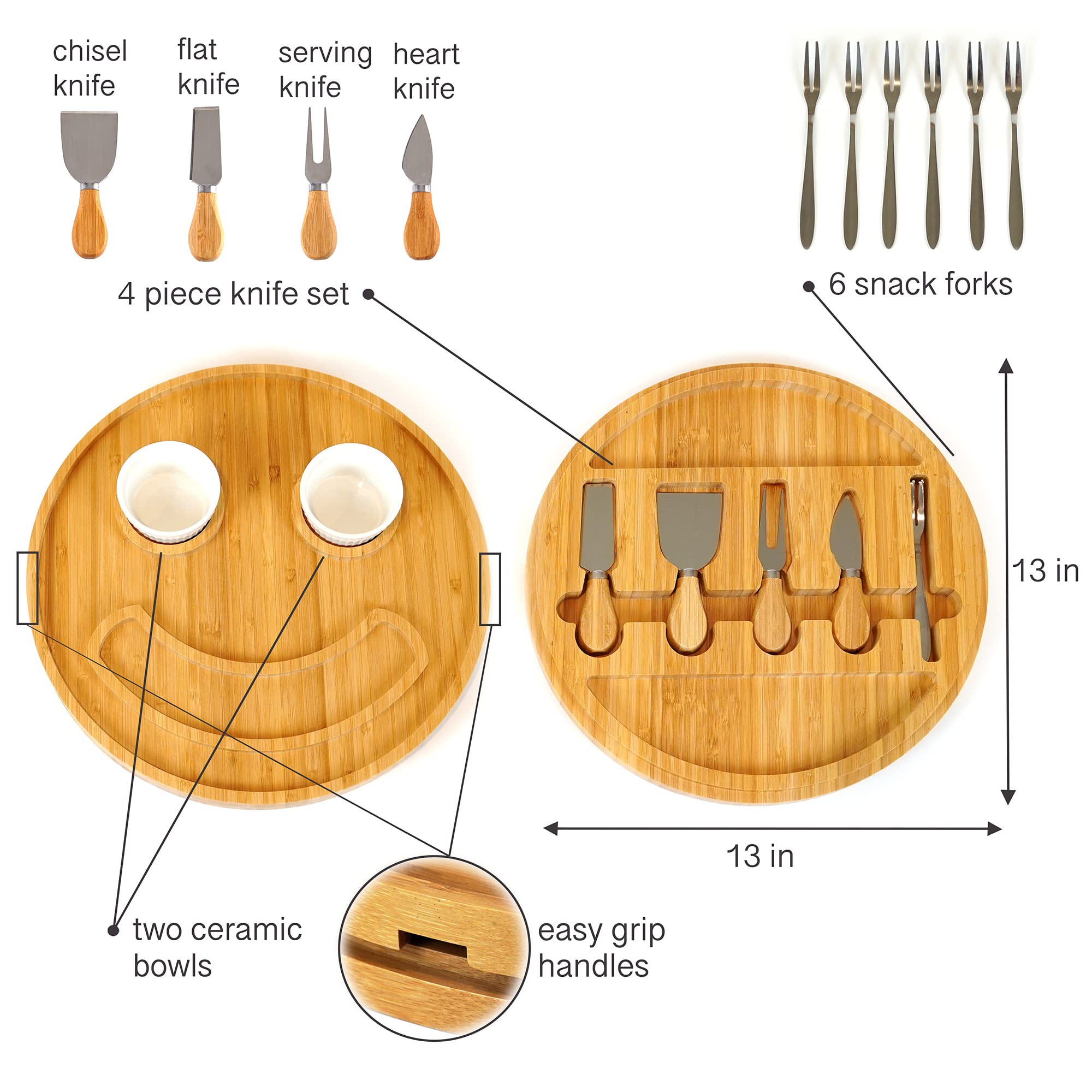 Areni Home Smiley Face Round Bamboo Charcuterie Board, 12-Inch, Includes Knife and Forks, Great for Parties