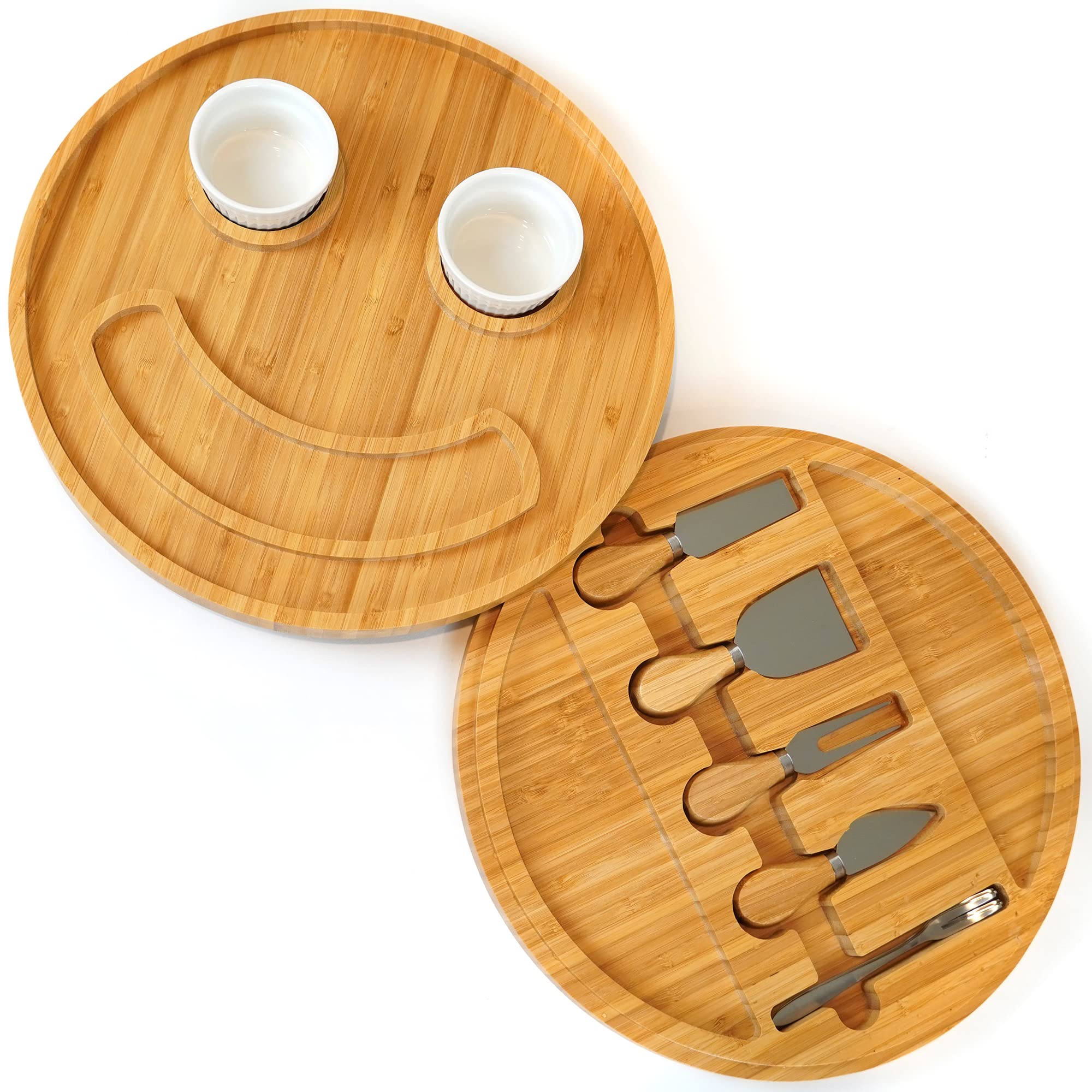 Areni Home Smiley Face Round Bamboo Charcuterie Board, 12-Inch, Includes Knife and Forks, Great for Parties