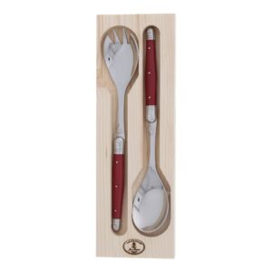 jean dubost salad servers, red handles - rust-resistant stainless steel - includes wooden tray - made in france