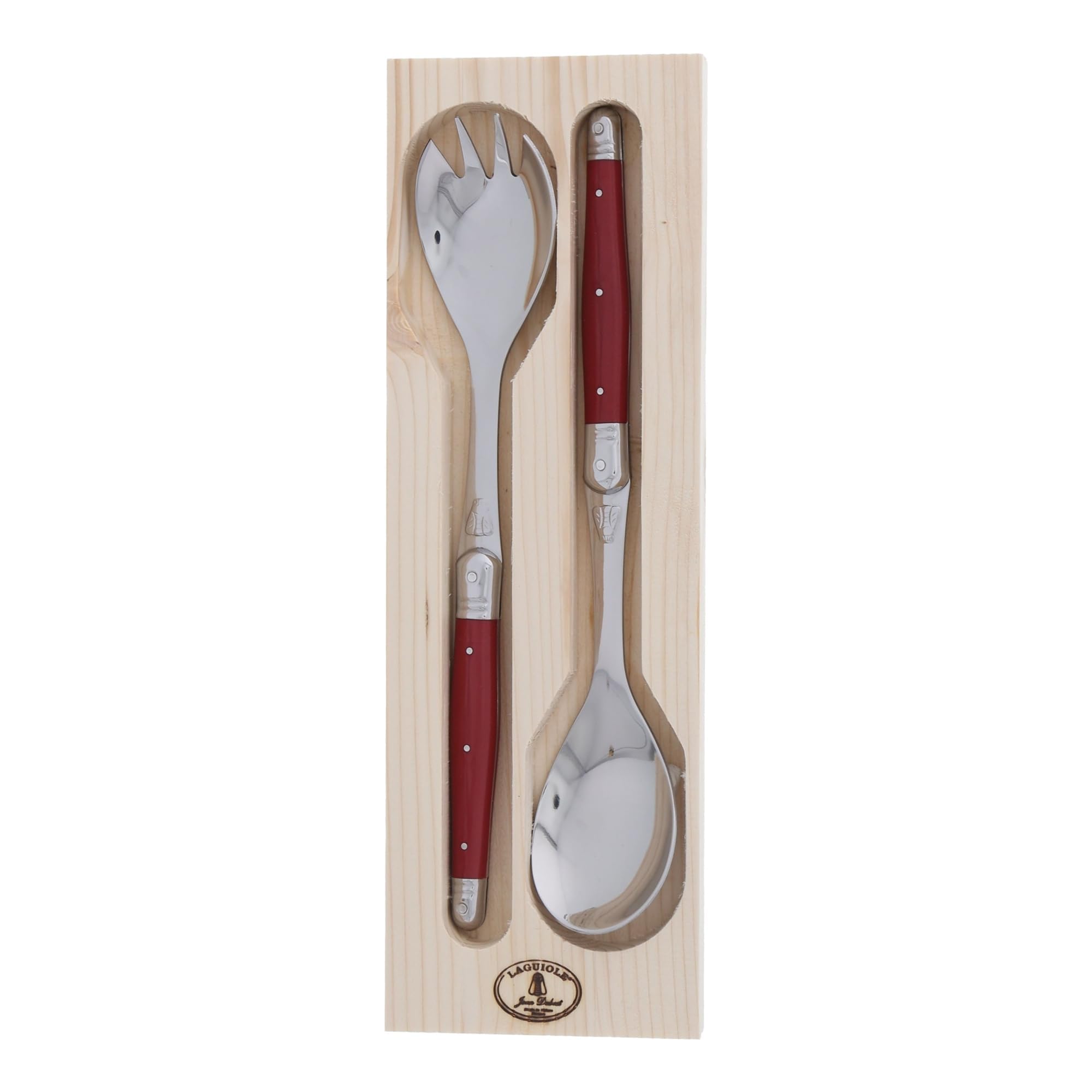 Jean Dubost Salad Servers, Red Handles - Rust-Resistant Stainless Steel - Includes Wooden Tray - Made in France