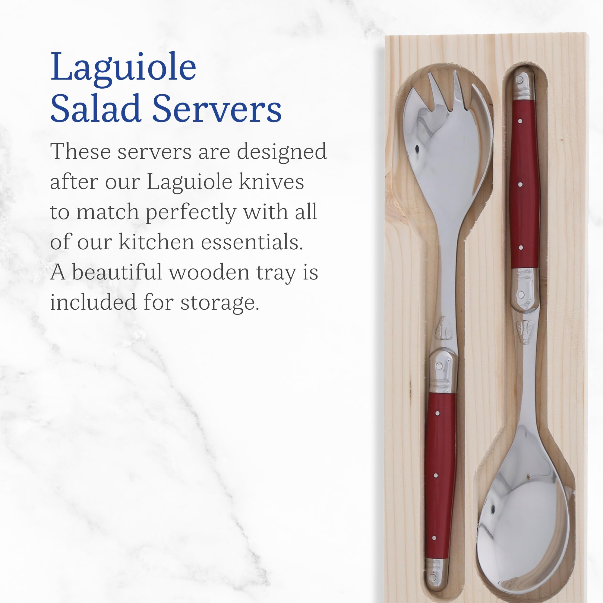 Jean Dubost Salad Servers, Red Handles - Rust-Resistant Stainless Steel - Includes Wooden Tray - Made in France