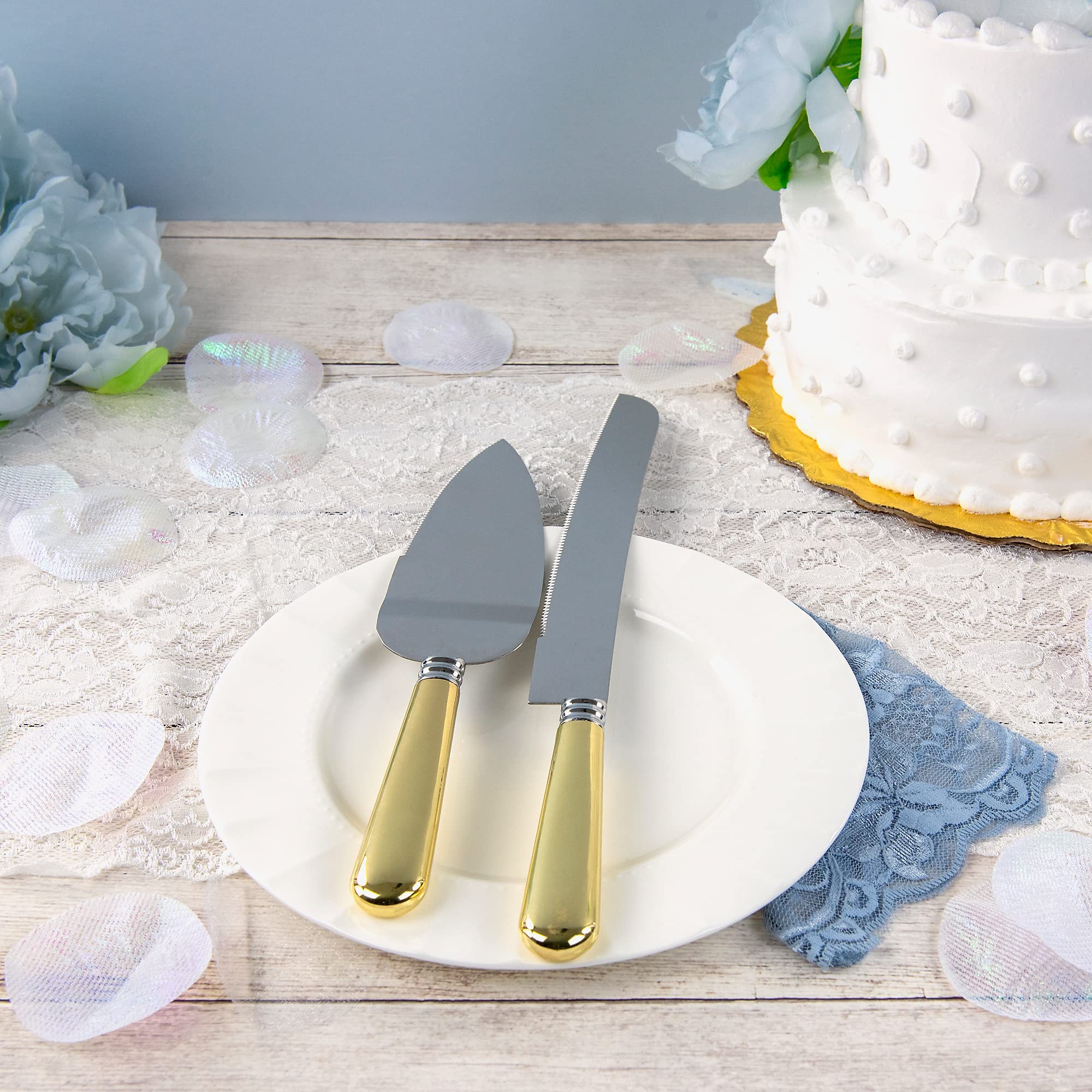 Simplicity Stainless Steel Cake Knife and Server Petals for Weddings and Other Celebrations, 10" and 12" L, Multicolor, 2 Piece