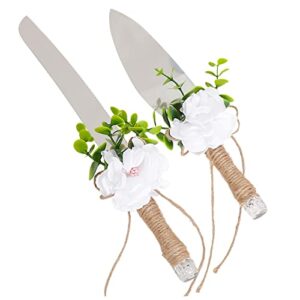 yhnji 2pcs wedding cake knife and server set, silver cake cutting set with eucalyptus leaves burlap lace and rose bridal cutter set for wedding birthday party