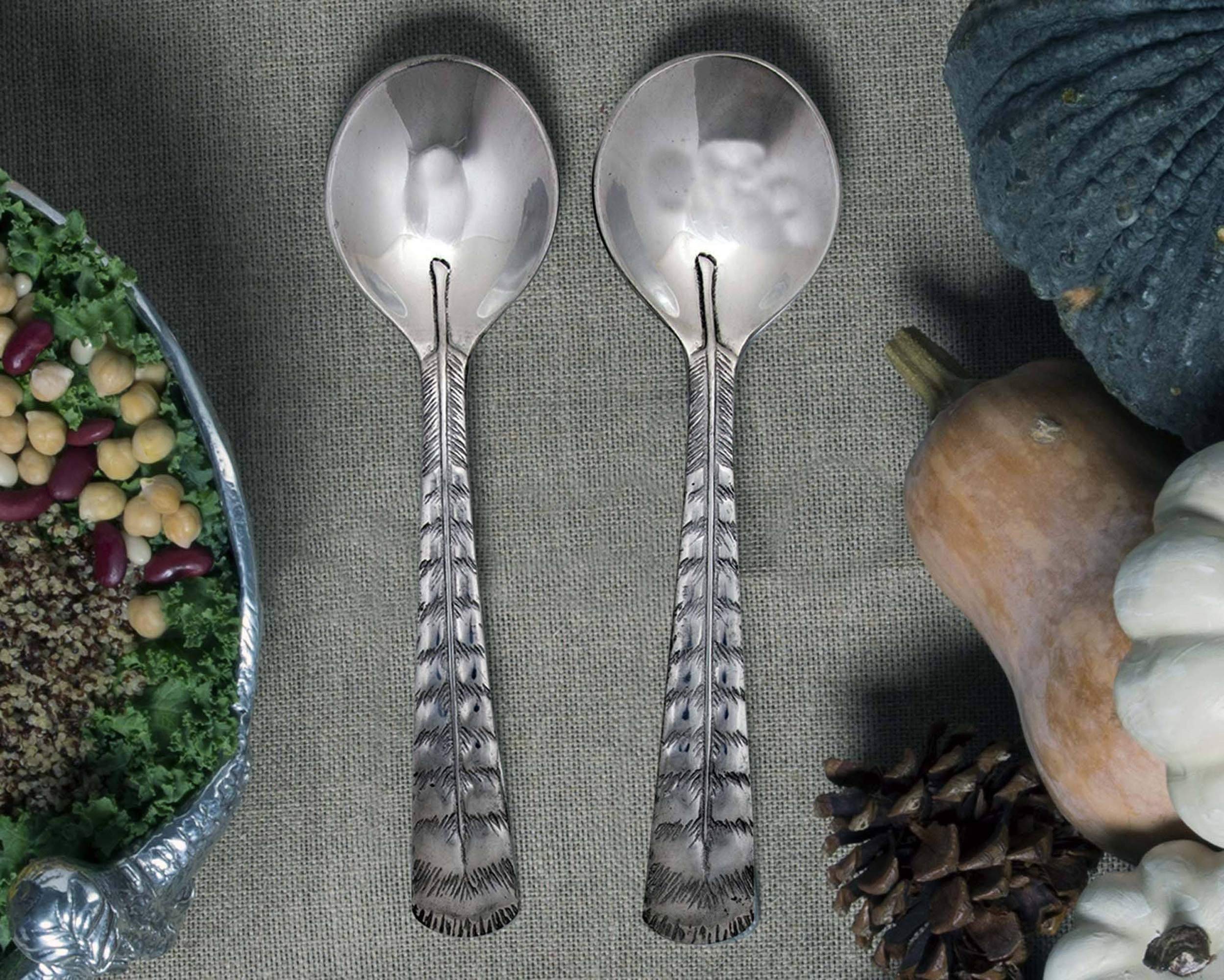 Arthur Court Salad Servers Feathers Metal Pair Thanksgiving Table 2 pieces Cast Aluminum 11 inch Long