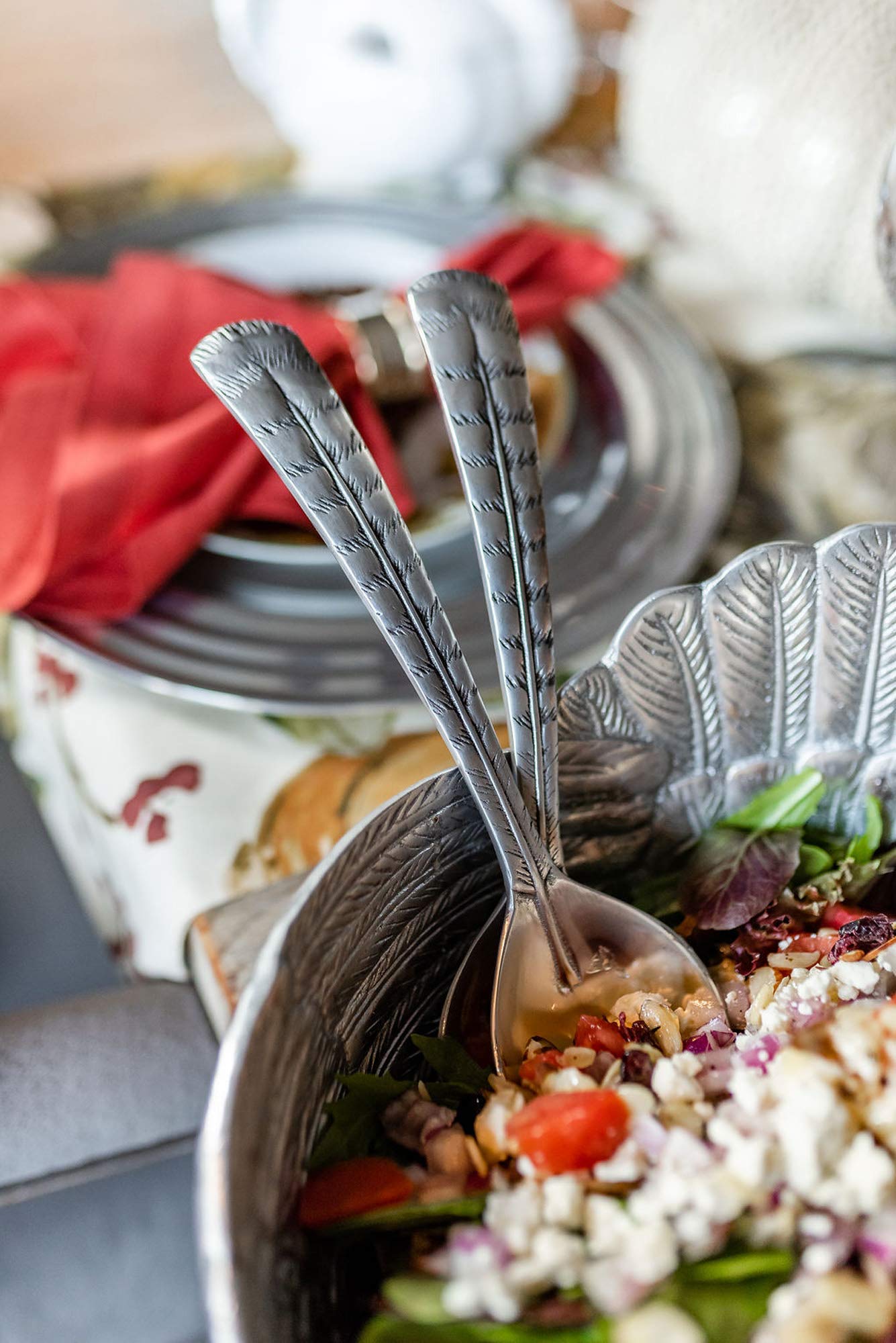 Arthur Court Salad Servers Feathers Metal Pair Thanksgiving Table 2 pieces Cast Aluminum 11 inch Long