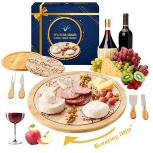 Lazy Susan Cheese Board with Cutlery Premium Bamboo Turntable Charcuterie Board - Unique Rotating Cheese Wine Pairing Platter Gift Set