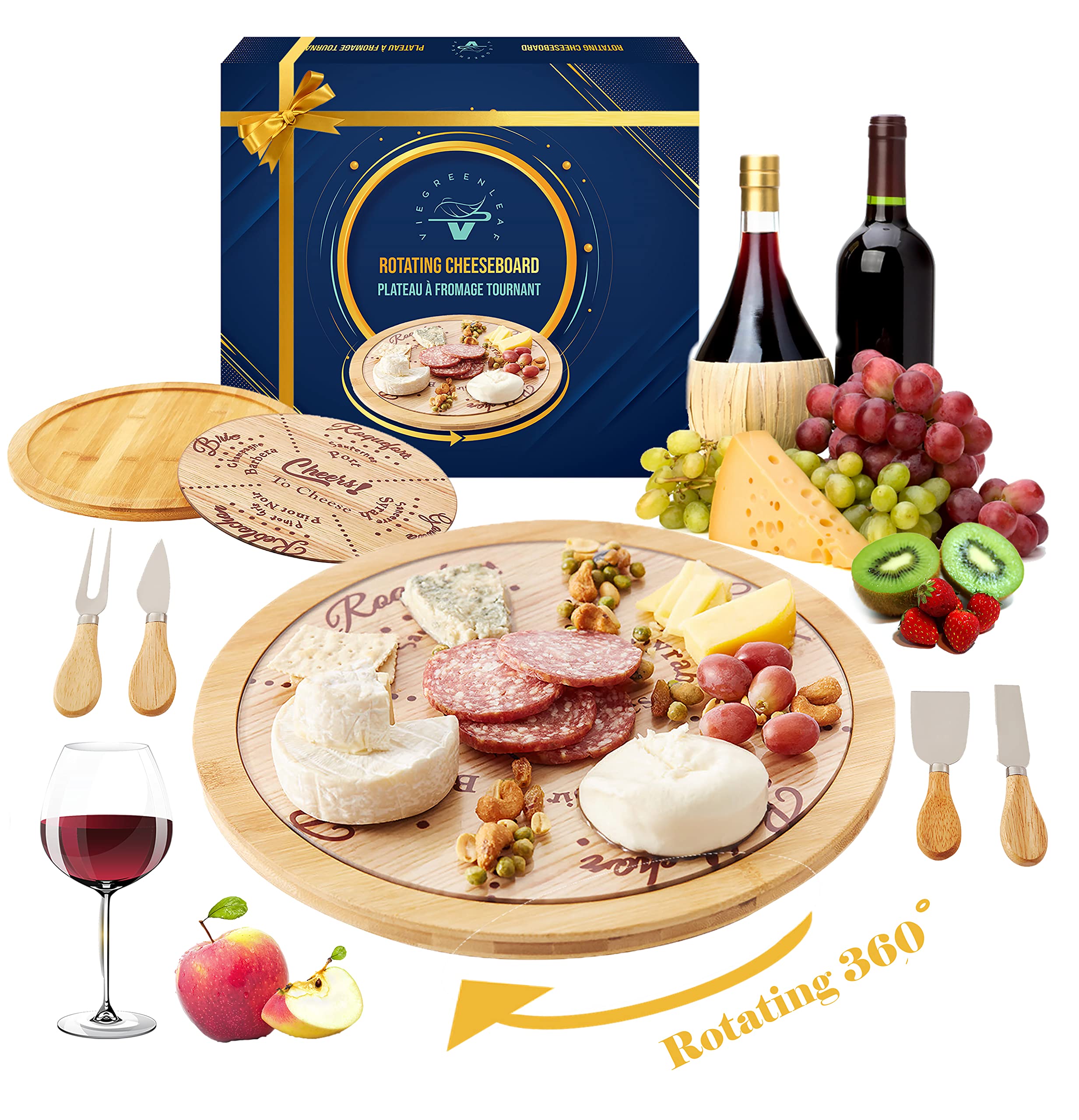 Lazy Susan Cheese Board with Cutlery Premium Bamboo Turntable Charcuterie Board - Unique Rotating Cheese Wine Pairing Platter Gift Set