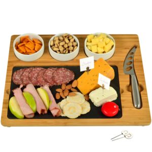 picnic at ascot bamboo & slate cheese/charcuterie board - includes 3 ceramic bowls, cheese knife & cheese markers- patent pending - designed & quality checked in the usa
