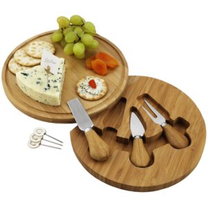 round bamboo cheese board set with 3 stainless steel tools and 4 cheese markers - 9" diameter x 1.5" high