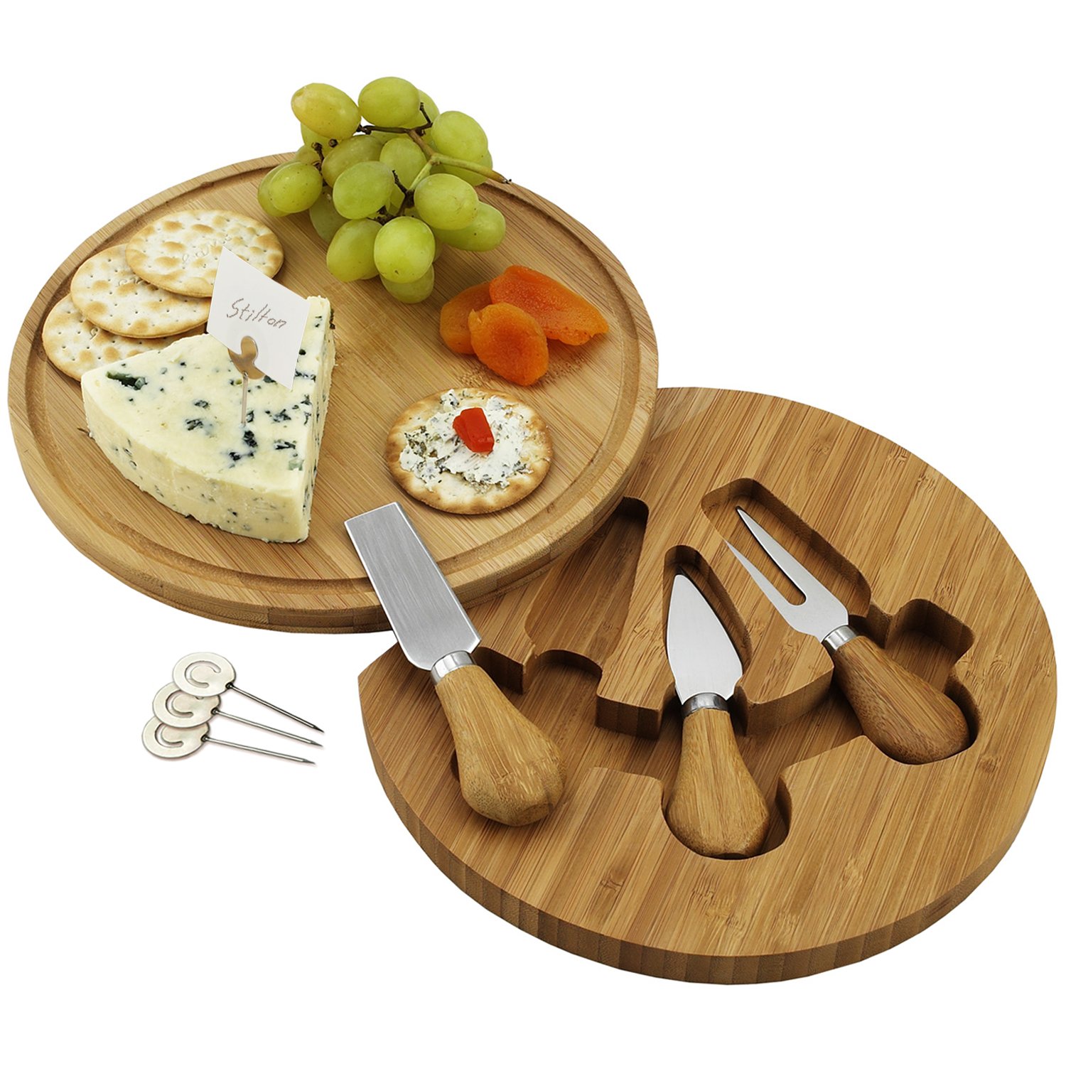 Round Bamboo Cheese Board Set with 3 Stainless Steel Tools and 4 Cheese Markers - 9" Diameter x 1.5" high