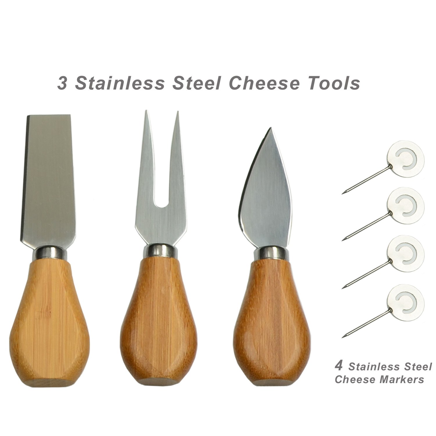 Round Bamboo Cheese Board Set with 3 Stainless Steel Tools and 4 Cheese Markers - 9" Diameter x 1.5" high