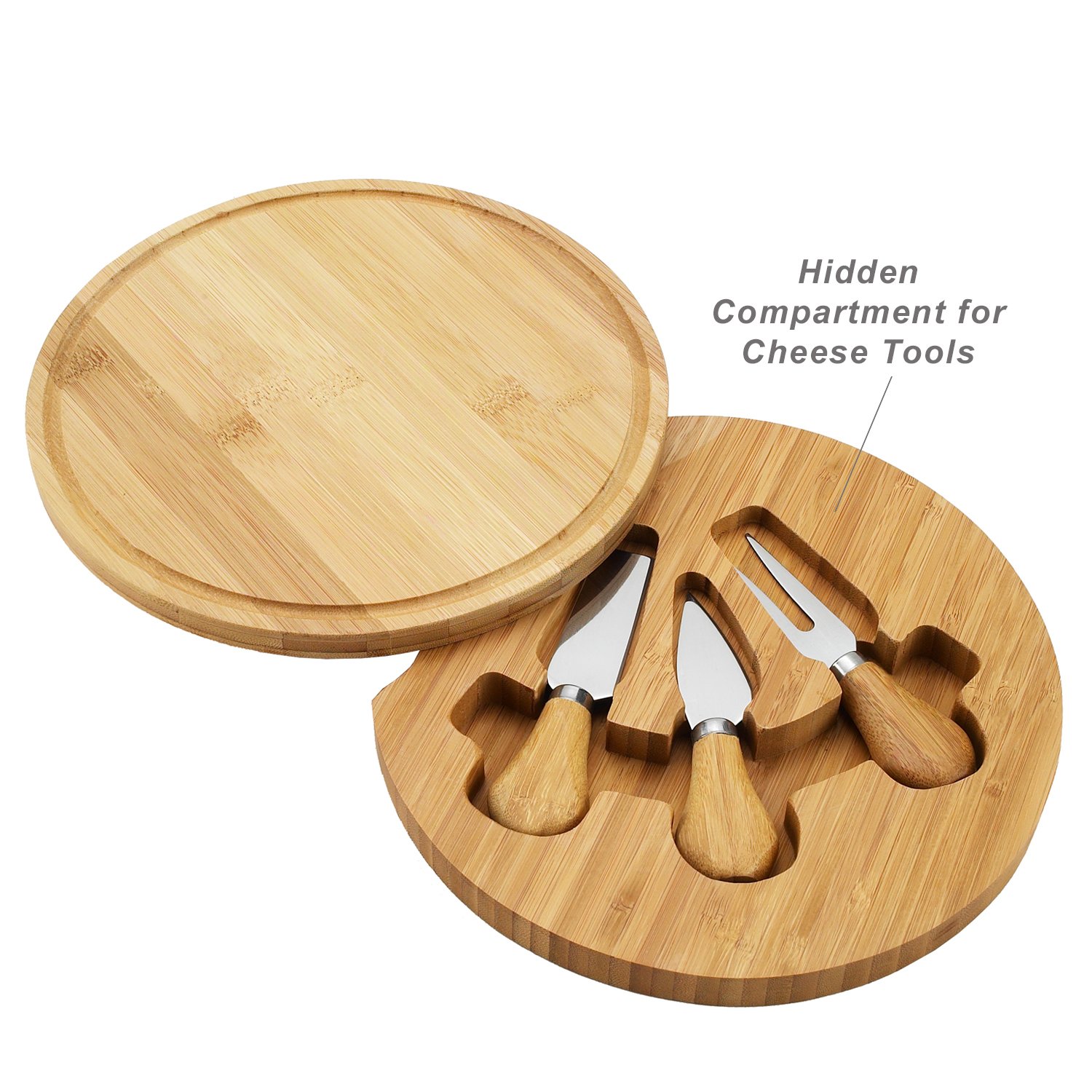 Round Bamboo Cheese Board Set with 3 Stainless Steel Tools and 4 Cheese Markers - 9" Diameter x 1.5" high