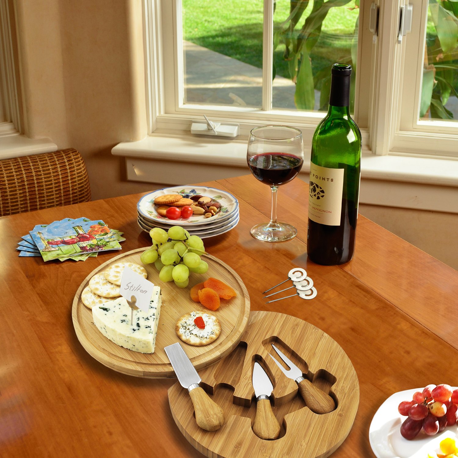 Round Bamboo Cheese Board Set with 3 Stainless Steel Tools and 4 Cheese Markers - 9" Diameter x 1.5" high