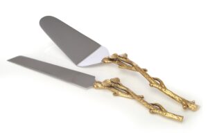 cake server and knife set with gold leaf design