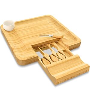bamboo cheese cutting board set - flat wood serving platter for picnic food or wine, rectangle fruit and meat plate kit w/bowl, closing drawer tray, 4 stainless steel knives - nutrichef pkczbd10