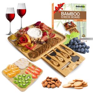 cheese board natural bamboo platter with knife and forks set with ceramic bowls dubaboo charcuterie platter and serving meat, cheese board with slide out drawer, gift for any occasion.