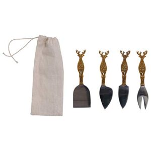 creative co-op stainless steel & brass cheese knives with reindeer handles (set of 4 styles in drawstring bag) salad servers, gold