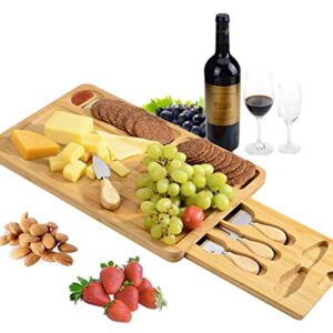 niuxx organic bamboo cheese board with 4 cheese knives set for kitchen, 2 compartments and 1 sauce container charcuterie platter, rectangle serving tray with hidden cutlery drawer for party