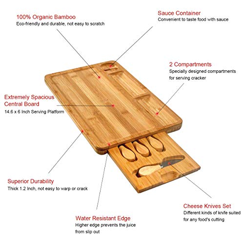 NIUXX Organic Bamboo Cheese Board with 4 Cheese Knives Set for Kitchen, 2 Compartments and 1 Sauce Container Charcuterie Platter, Rectangle Serving Tray with Hidden Cutlery Drawer for Party