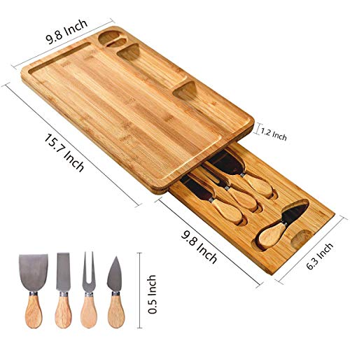 NIUXX Organic Bamboo Cheese Board with 4 Cheese Knives Set for Kitchen, 2 Compartments and 1 Sauce Container Charcuterie Platter, Rectangle Serving Tray with Hidden Cutlery Drawer for Party