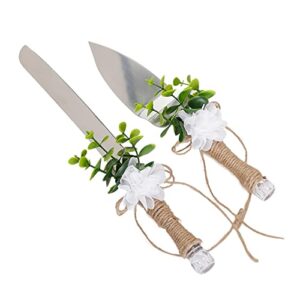 BestAlice Ceremony Wedding Cake Knife And Server Set, Rustic Cake Cutting And Serving Set, Silver Cake Cutting Set with Eucalyptus Leaves Burlap Lace And Rose for Wedding Birthday Party (White Rose)