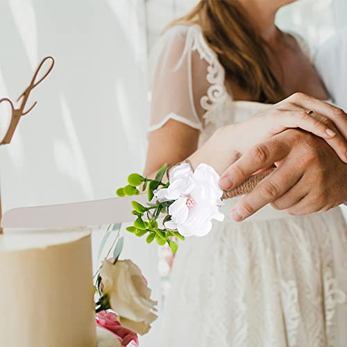 BestAlice Ceremony Wedding Cake Knife And Server Set, Rustic Cake Cutting And Serving Set, Silver Cake Cutting Set with Eucalyptus Leaves Burlap Lace And Rose for Wedding Birthday Party (White Rose)