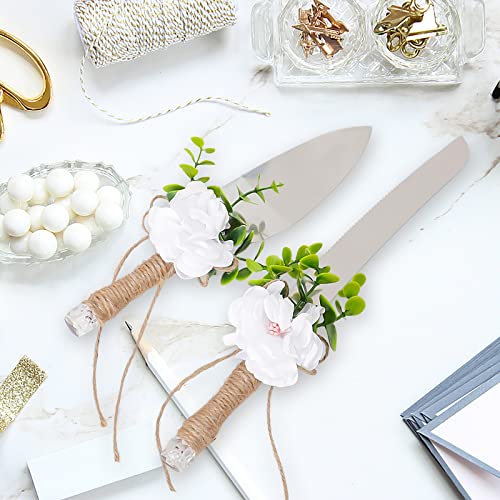 BestAlice Ceremony Wedding Cake Knife And Server Set, Rustic Cake Cutting And Serving Set, Silver Cake Cutting Set with Eucalyptus Leaves Burlap Lace And Rose for Wedding Birthday Party (White Rose)