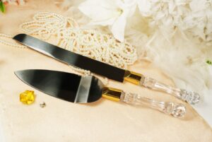 wedding knife and cake server set with clear acrylic handle (gold, unengraved)