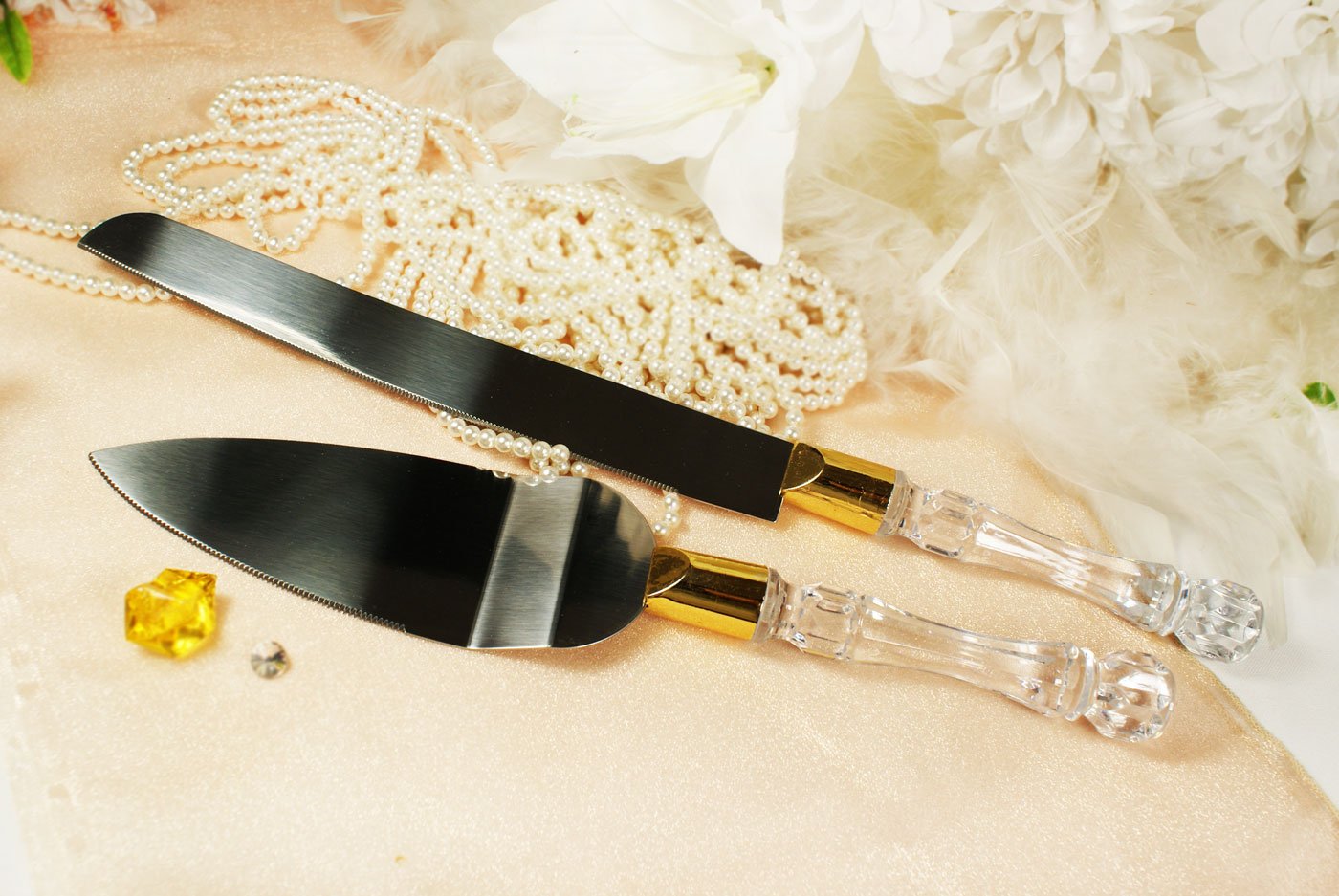 Wedding Knife and Cake Server Set With Clear Acrylic Handle (Gold, Unengraved)