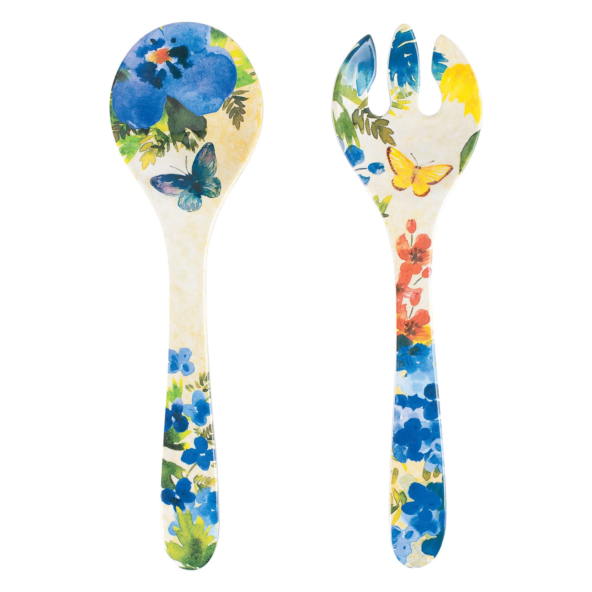 UPware 2-Piece 13 Inch Melamine Salad Server Serving Utensil Set Includes Salad Spoon and Salad Fork (Butterfly Floral)