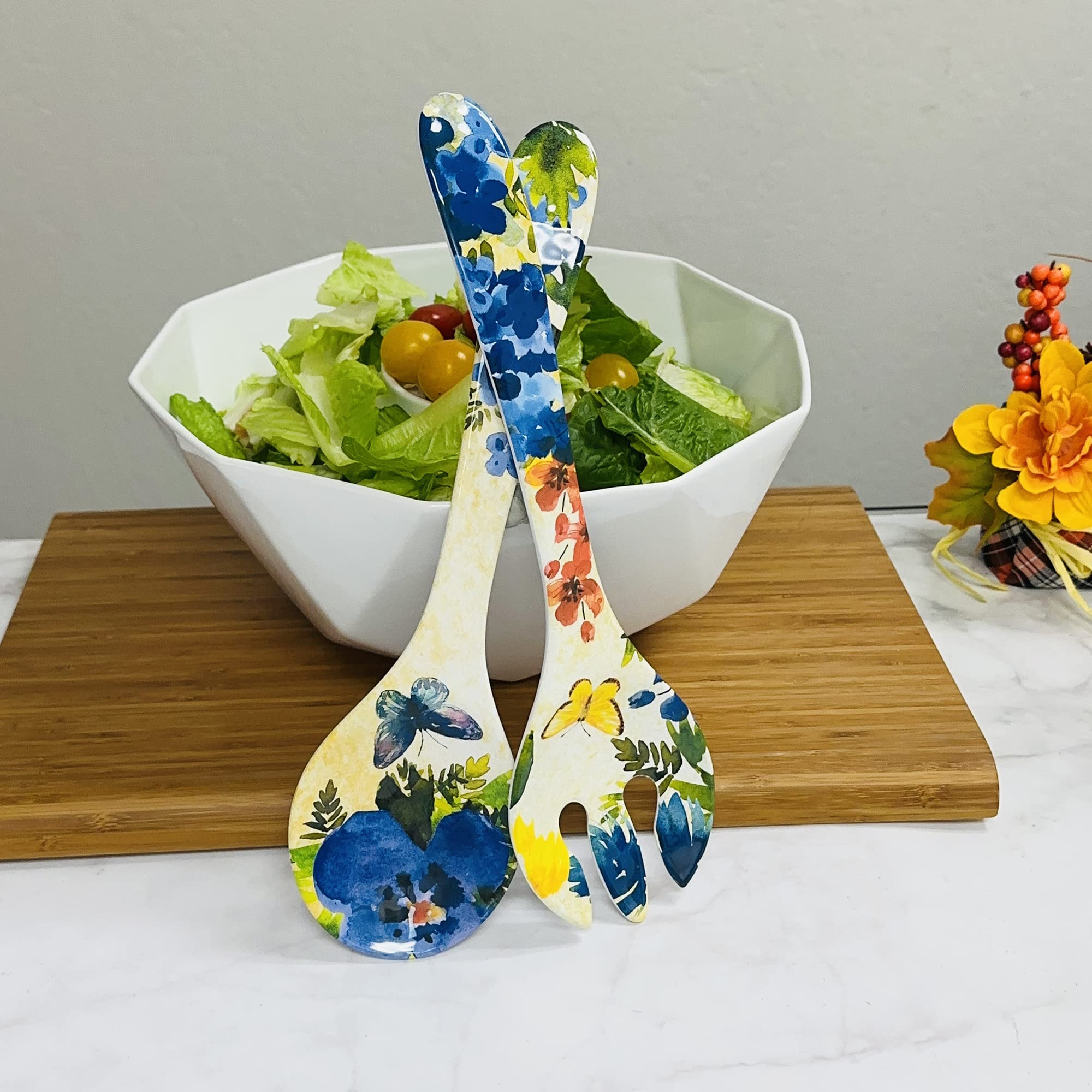 UPware 2-Piece 13 Inch Melamine Salad Server Serving Utensil Set Includes Salad Spoon and Salad Fork (Butterfly Floral)