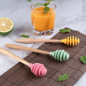 REBABA Silicone Honey Dipper Sticks with Wooden Handle, Honey Stirrer Honey Wand for Honey Jar Dispense Drizzle Honey and Wedding Party Favors(Yellow)