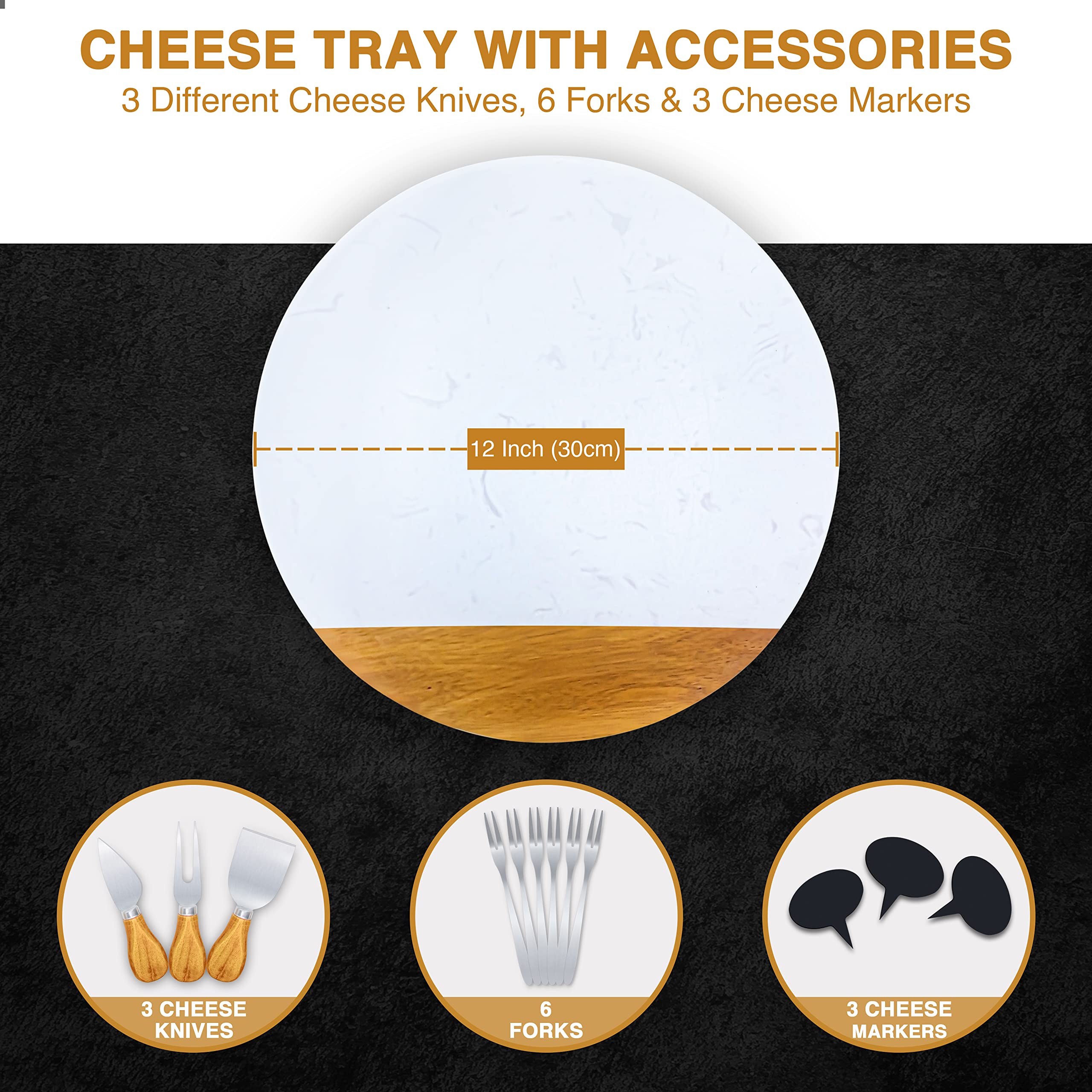 Cheffer Marble and Wood Cheese Board – Simple and Classy Round Charcuterie Boards with Cheese Knife Set, Cheese Marker, Forks – Acacia Wooden Board Serving – Sustainable Materials – 30cm