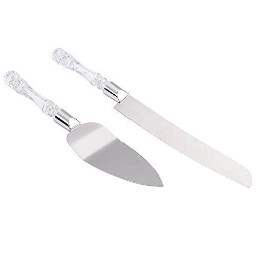 2 Pc Wedding Cake Serving Server Set Stainless Steel Knife Faux Crystal Handle, Silver