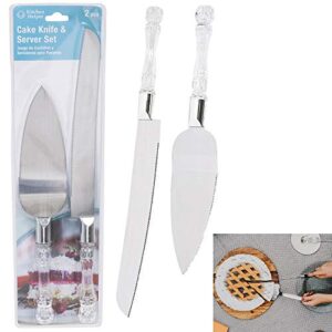 2 Pc Wedding Cake Serving Server Set Stainless Steel Knife Faux Crystal Handle, Silver