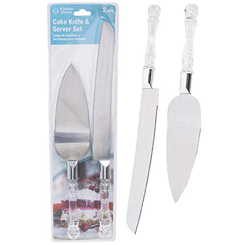 2 Pc Wedding Cake Serving Server Set Stainless Steel Knife Faux Crystal Handle, Silver
